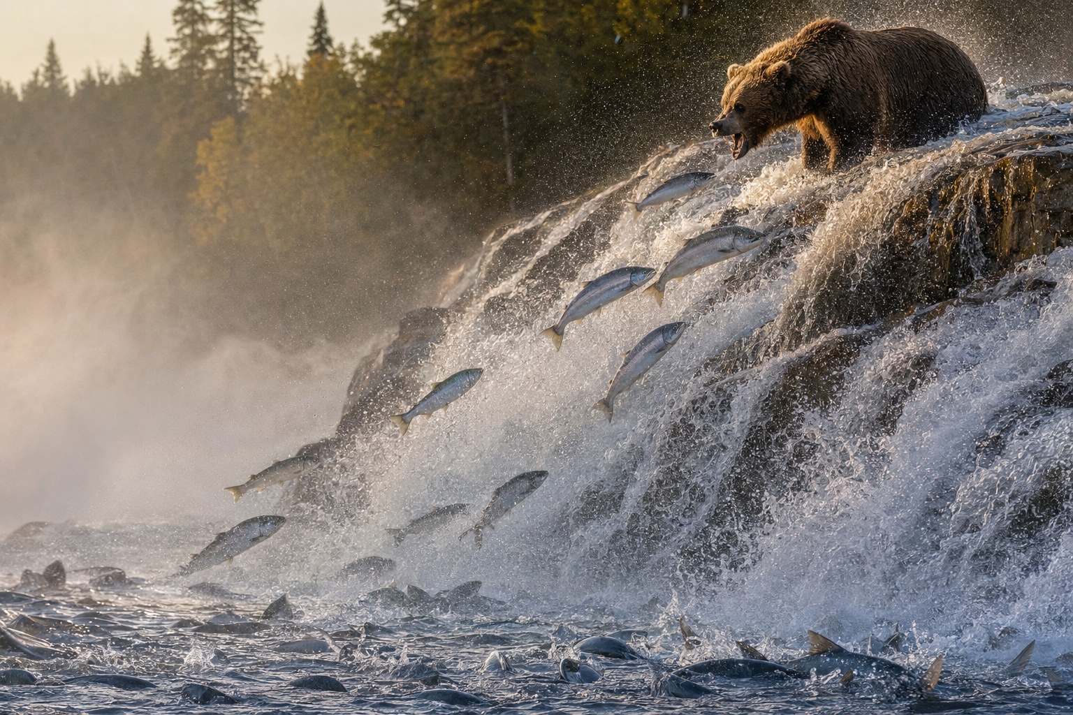 Salmoni che risalgono la cascata