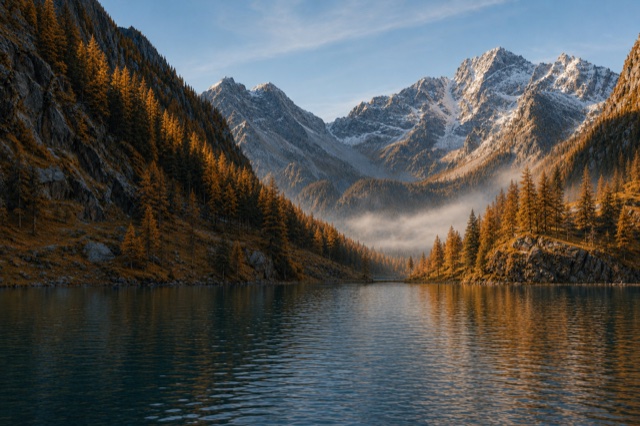 La valle in autunno, larici dorati e brume